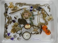 TRAY: ASST. PINS, EARRINGS, NECKLACES, POCKET WATC