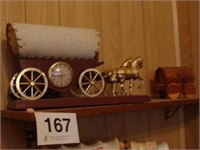 Covered wagon clock pulled by horses - wooden