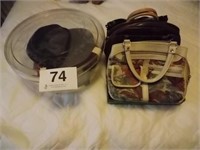 Clear plastic hat box w/hats - 4 handbags -