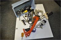 BOX OF ASSORTED TOOLS; WRENCHES, CLAMPS, SOCKETS