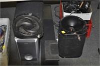 4 ASSORTED SPEAKERS WITH 3 BOXES OF MISCELLANEOUS