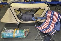 CAMPING EQUIPMENT TENT, LAWN CHAIR, 2 SLEEPING