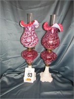 (2) Cranberry Oil Lamps, 24.5"