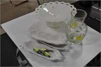 MILK GLASS CAKE PLATE AND CORN ON THE COB DISHES
