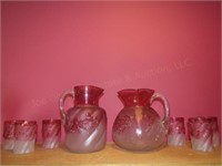 Cranberry Frosted Pitcher 8.5" & 3 Glasses 4",