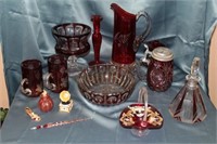 Red Glassware:  Bowl 9", Candleholder 5.25",
