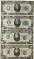 4 Pcs 1928 $20. Federal Reserve Notes.