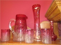 Cranberry Frosted Pitcher 9" & 3 Glasses 3.75",