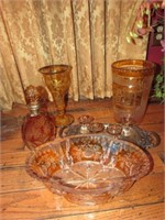 Amber Cut Glass:  Fruit Bowl, Decanter