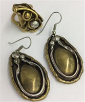 Pair Of Brass And Sterling Accent Earrings & Ring