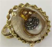 18k Gold Shell Ring, Diamonds, Mother Of Pearl