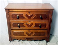 Vintage Pecan Wood 3 Drawer Dresser W Overlay