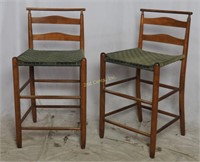 Mid Century Wood Bar Stools With Wooven Seats