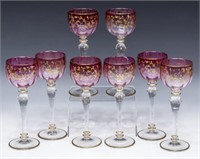 (8)MOSER STYLE CRANBERRY & GILDED STEMWARE GOBLETS