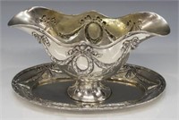 GERMAN 800 SILVER REPOUSSE SAUCE BOAT & UNDERPLATE