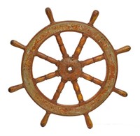 ANTIQUE PAINTED METAL MOUNTED SHIPS WHEEL