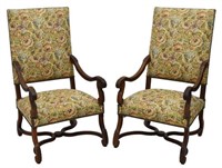 (2) LOUIS XIII STYLE UPHOLSTERED SCROLL ARMCHAIRS