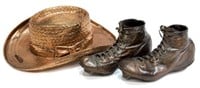 (2) BRONZED STRAW HAT & VINTAGE FOOTBALL CLEATS