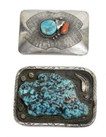 (2) SOUTHWEST SILVER & TURQUOISE BELT BUCKLES