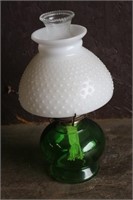Green Glass Oil Lamp with Hobnail Milk Glass Shade