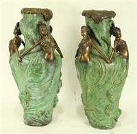 PAIR OF BRONZE VASES ON MARBLE BASES