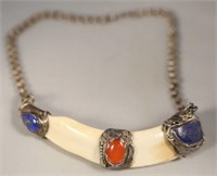 TIBETAN BOAR TUSK LAPIS LAZULI CARNELIAN NECKLACE