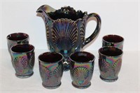 Blue Carnival Glass Pitcher Set with Shell