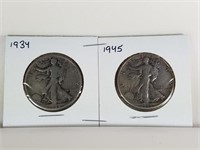 1934, 45 WALKING LIBERTY HALF DOLLAR SILVER COIN