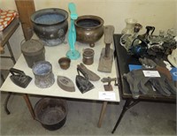 Lot, Includes; copper buckets, assorted cast iron,
