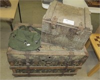 Lot, 34" trunk, 18.5" wooden crate, and U.S. Army