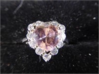 SS  "Pink ice" CZ heart with CZ accent Ring