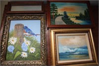 3 Small Oil Paintings & Mirror