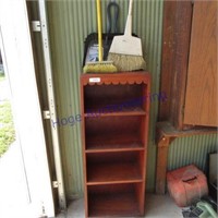 wood shelf w/brooms & dust pan