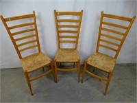 Set of 3 High Ladder-back wood and rush dining