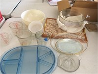 Pyrex measuring cups, juicer serv. tray & bowl