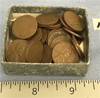 Box full of wheat pennies, assorted dates, 1940s,