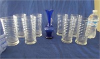 8 nice glasses & blue handblown vase