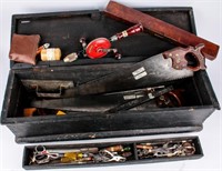 Vintage Old Wood Carpenters Tool Box & Tools