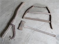 old buck saw -double bit axe -old log hook