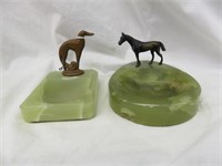 PAIR ANTIQUE ONYX CHANGE DISHES-DOG AND HORSE