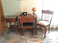 Side Table, Sewing Machine, Oak Chair, Lamp