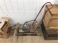 Antique toddler sled with push handle, and a "Conn