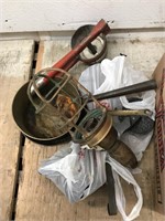 Lot with an antique potato masher, a brass lantern