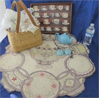 tea cup rug -tea cup tray -basket of linens