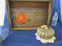 hand painted wooden tray -ceramic pumpkin