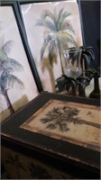 PALM TREE PICTURES, BOX, AND CANDLESTICKS