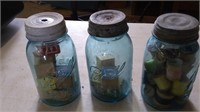 3 BALL JARS -- FILLED WITH WOODEN BLOCKS & THREAD