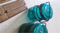2 OLD BLUE FRUIT JARS AND VINTAGE THERMOMETER