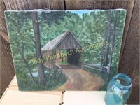 Antique oil on canvas Covered Bridge painting