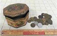 EARLY DECORATIVE TIN & COIN LOT